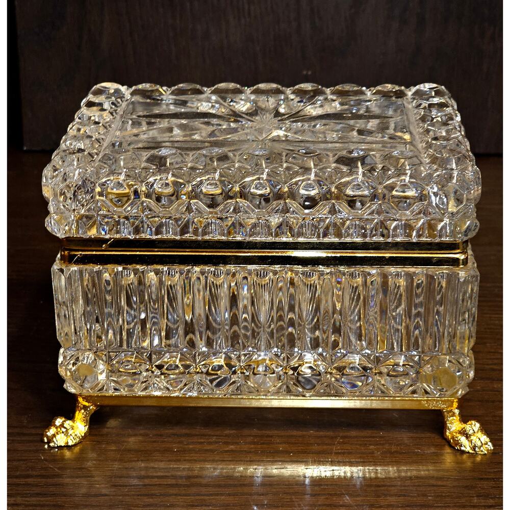 French Baccarat Style Jewelry Casket Footed Heavy Crystal Lidded Trinket Box
